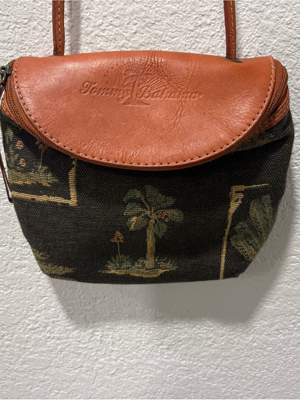 Tommy Bahama Brown Canvas Belt Bag with Tan Leather Flap
